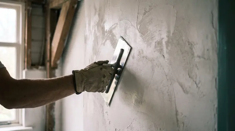 Stukadoor strijkt vers stucwerk glad met een spaan (AI-beeld)