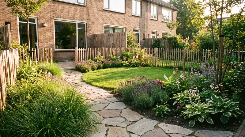Aangelegde achtertuin met natuurstenen pad en siergrassen (AI-beeld)